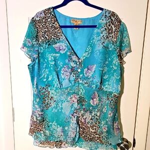 Floral Leopard Print Blue Top. Y2K Fairycore Semi‎ Sheer Tunic 2X By NOTATIONS